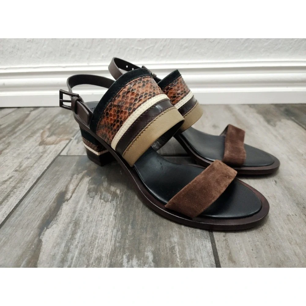 Tory Burch Brown Platform Sandals Snake Embossed Leather Slingback Block 